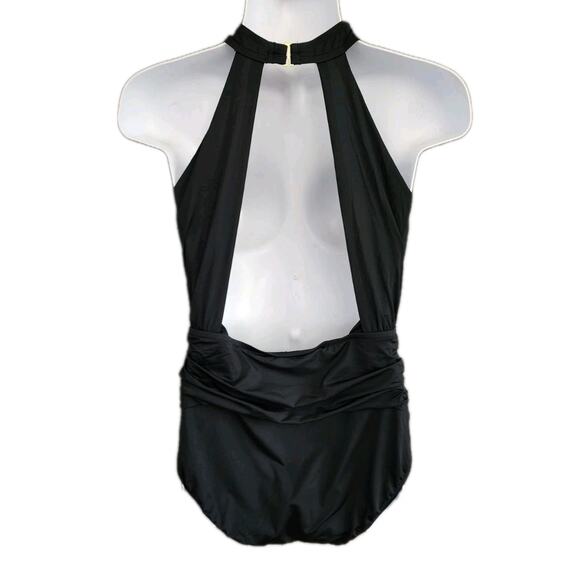 Badgley Mischka One-Piece Swimsuit Ruched Waist Deep Plunge Black Size 10 NWT - Picture 3 of 7